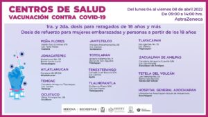 SSM invita a vacunarse contra Covid-19 en las unidades médicas ubicadas en los diferentes municipios de Morelos, del 04 al 08 de abril