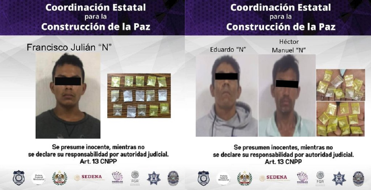 Detienen a tres sujetos en el municipio de Jiutepec por delitos contra la salud al portar dosis de cristal 