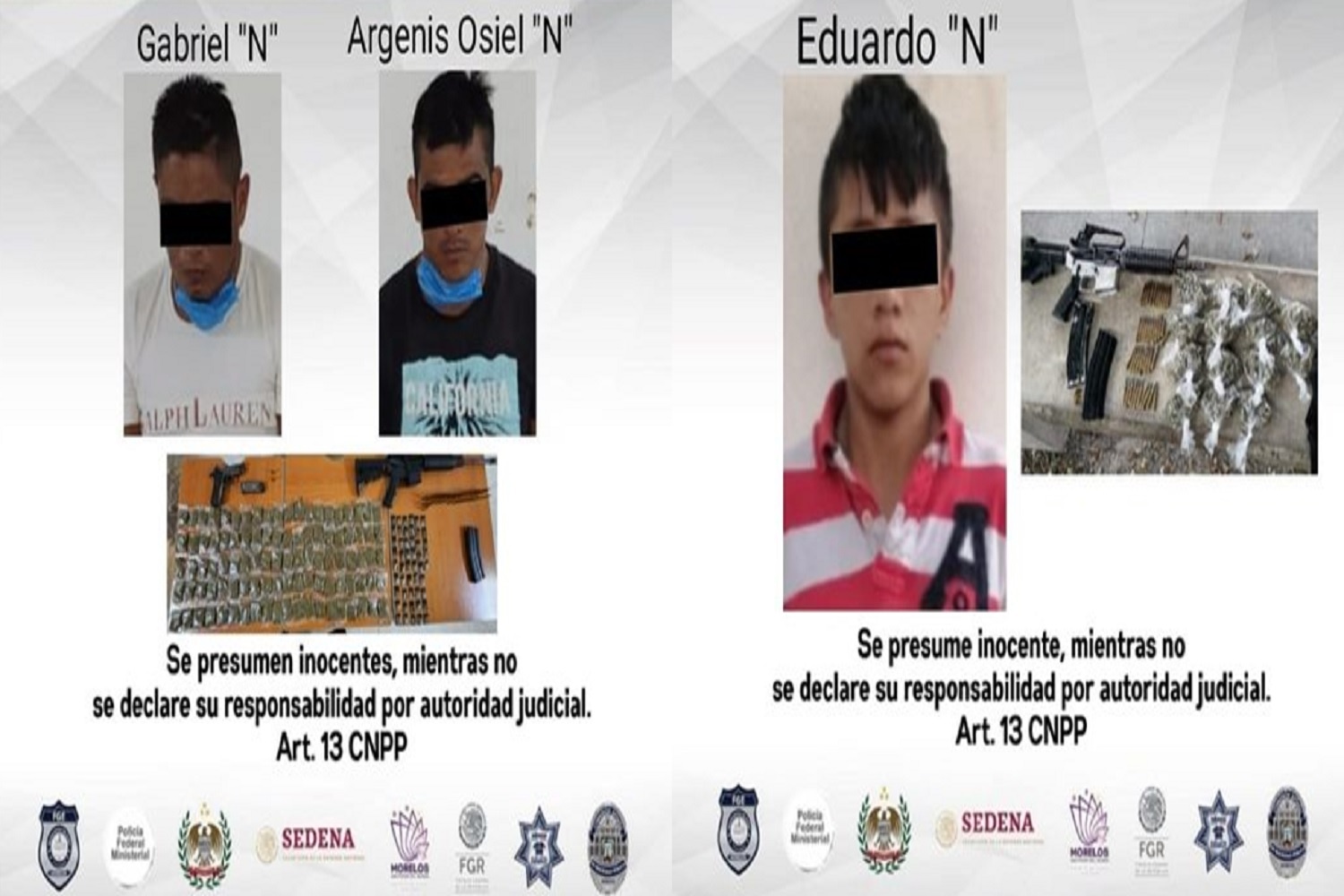 Capturan en los municipios de Miacatlán y Temixco a tres sujetos en posesión de dosis de marihuana y armas de fuego con cartuchos útiles